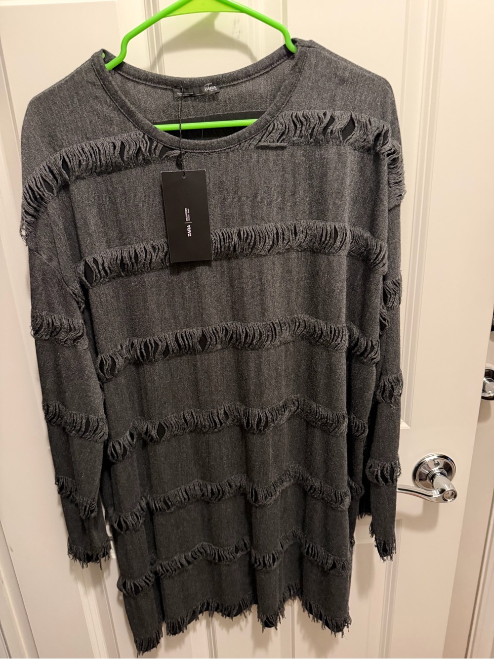 Zara Charcoal Fringe-Trim Crewneck Sweater
